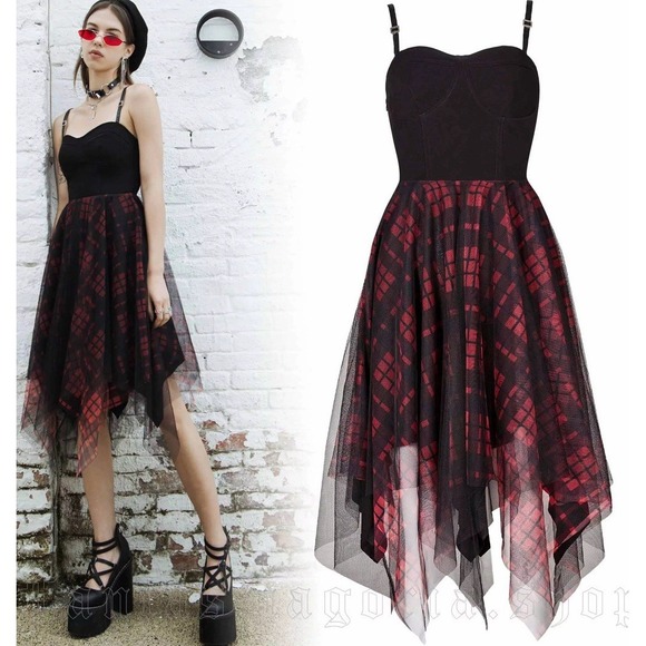 NWT Punk Rave Black Red Sleeveless Corset Fit Flare Mesh Dress Whimsigoth Vamp S - Picture 1 of 16